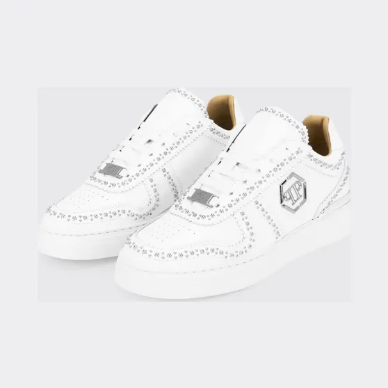 Philipp plein Brushed Leather Low-Top Sneakers with Embroidered Monogram White (FADSMSC3980PLE010N01)