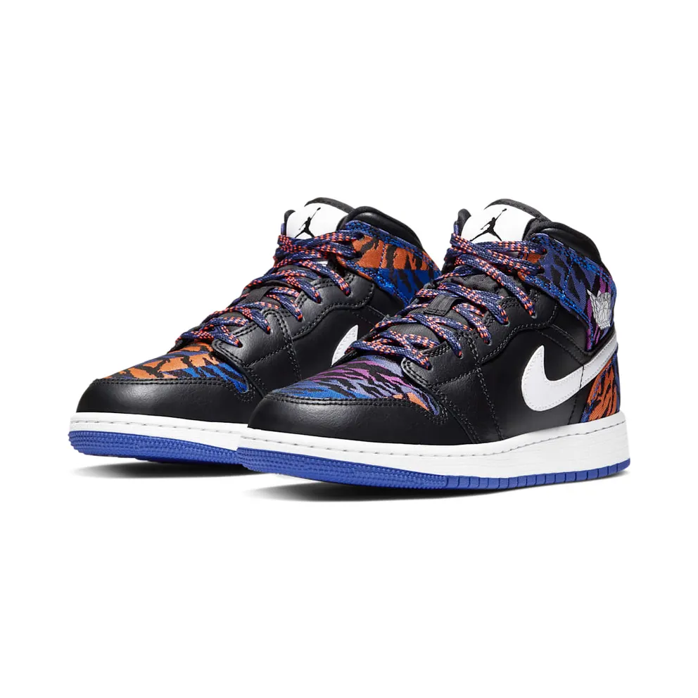 Jordan 1 Mid Multi-Color Tiger Stripe (GS) Black/White-Rush Violet-Black (AV5174-005)