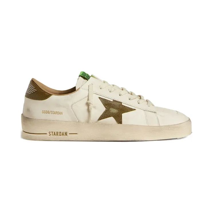 Golden Goose Stardan van White leer met legergroene leren hiellus en ster met slangenprint “Beige” (GMF00667F007555)