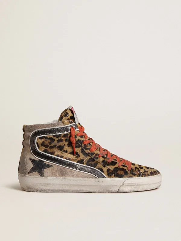 Golden Goose Women’S Slide Ltd In Leopard-Print Pony Skin With Metallic Leather Star And Flash (GWF00116.F008006.15860)