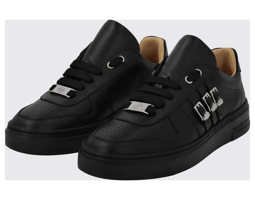 Philipp plein Smooth Leather Low-Top Sneakers with Jewel Buckle and Engraved Logo Black (AADSWSC2762PLE075N0202)