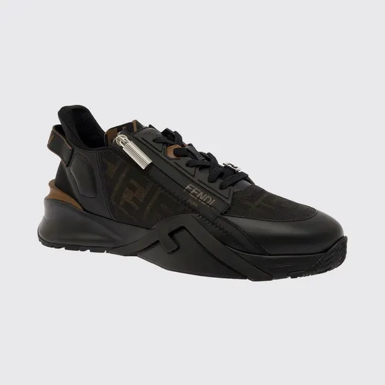 Fendi Flow Low-Top Technical Fabric Sneakers with FF Monogram and Side Zip Black (7E1392AQ69F1C38)