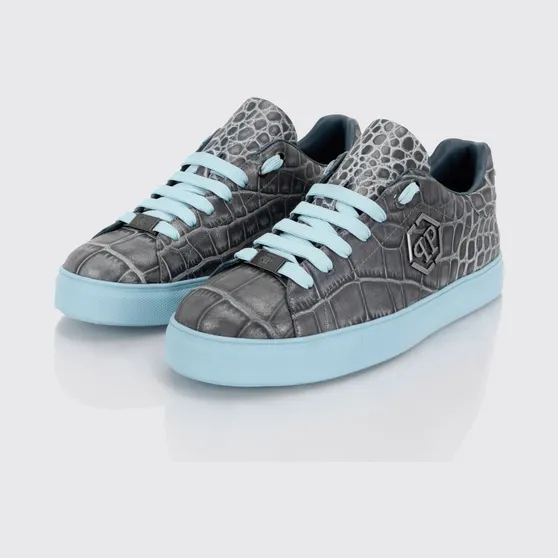 Philipp plein Crocodile-Print Leather Low-Top Sneakers with Hexagon Logo Turquoise (FAFSUSC1030PLE010N08)
