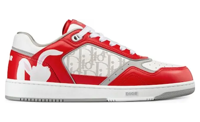 Dior B27 Low ERL Red and White Smooth Calfskin and White Dior Oblique Galaxy Leather with Rabbit Motif (3SN272ZWB_H300)