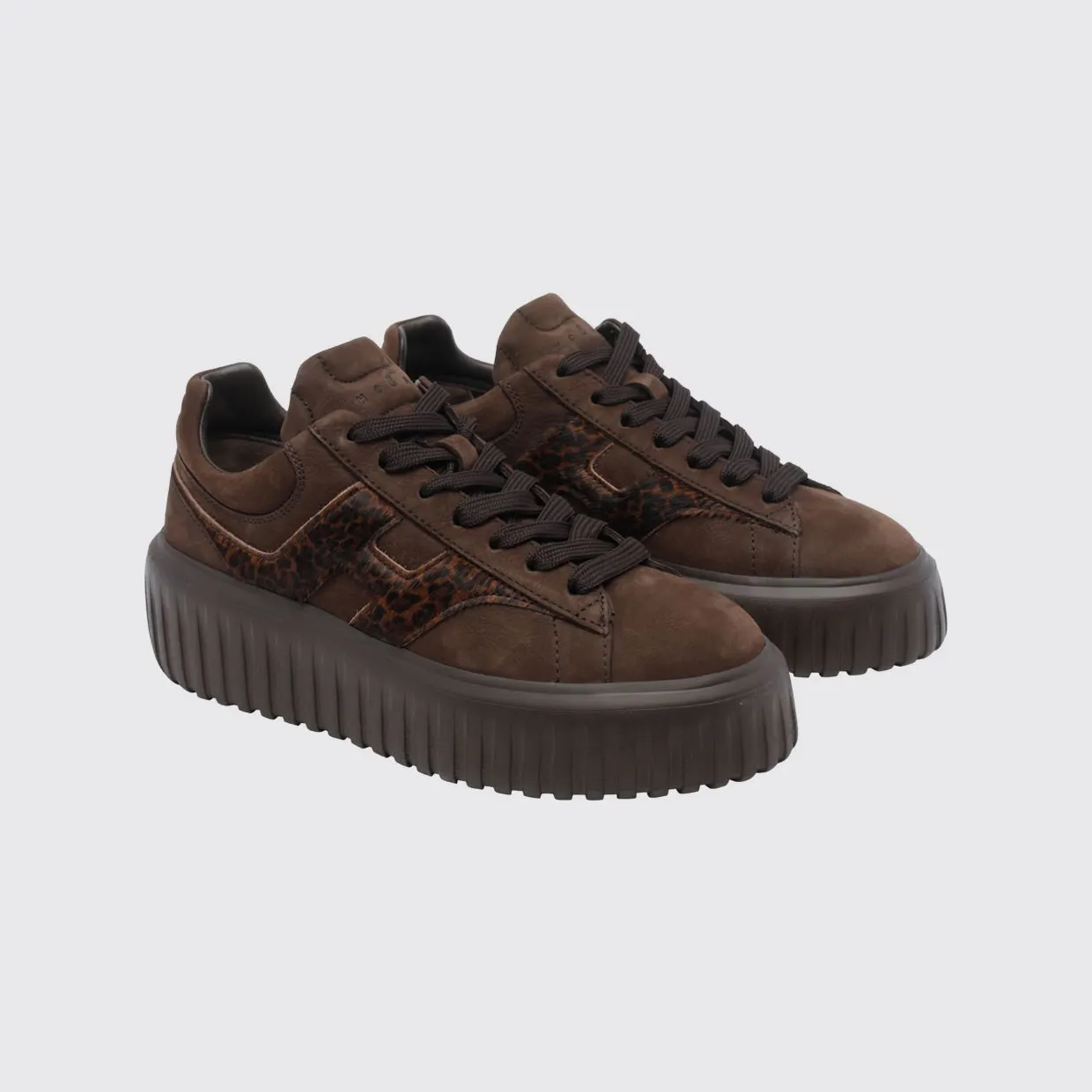 Hogan H-Stripes Platform Sneakers in Leather and Pony Hair with Animal Print Brown (HXW6450FE9AVH80R1D)