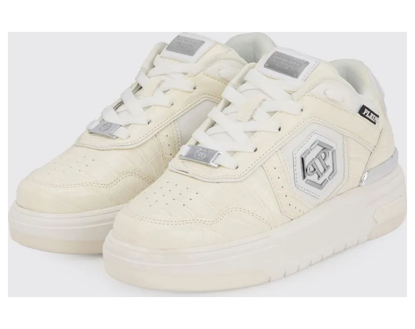 Philipp plein SK8R Low-Top Sneakers in Leather and Mesh with Croc Print and Hexagon Logo White (PAFSUSC0962PTE003N01)