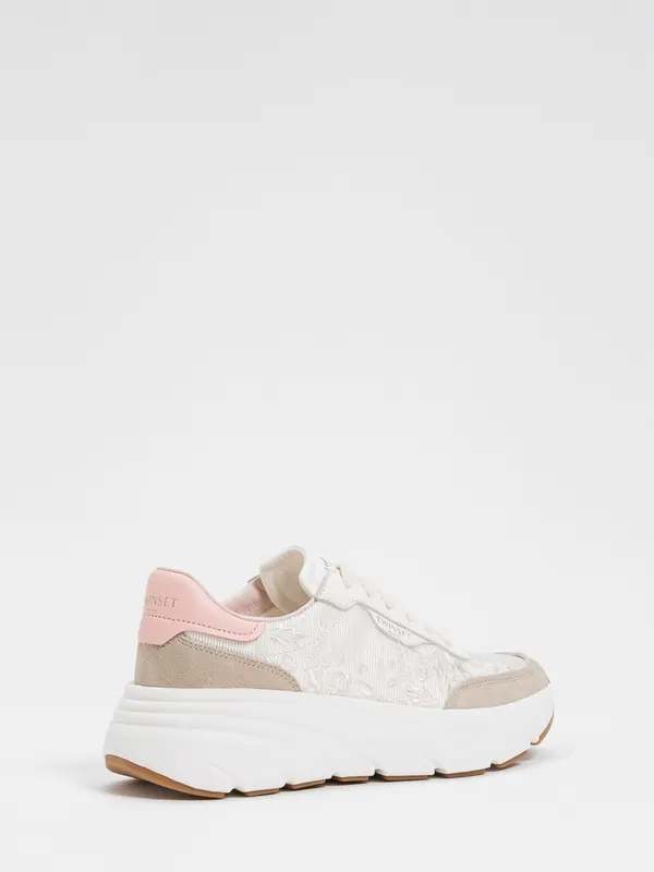 Twinset Embroidered Leather and Twill Low-Top Sneakers with Suede Details White (261TGT11413539)