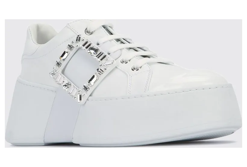 Roger Vivier Viv’ Skate Calf Leather Trainers with Jewel Buckle and Platform Sole White (RVW73729110LXQB001)