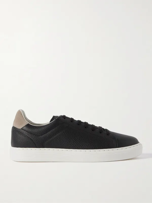 Brunello Cucinelli Suede-Trimmed Full-Grain Leather Sneakers Black (MZUASBJ264)