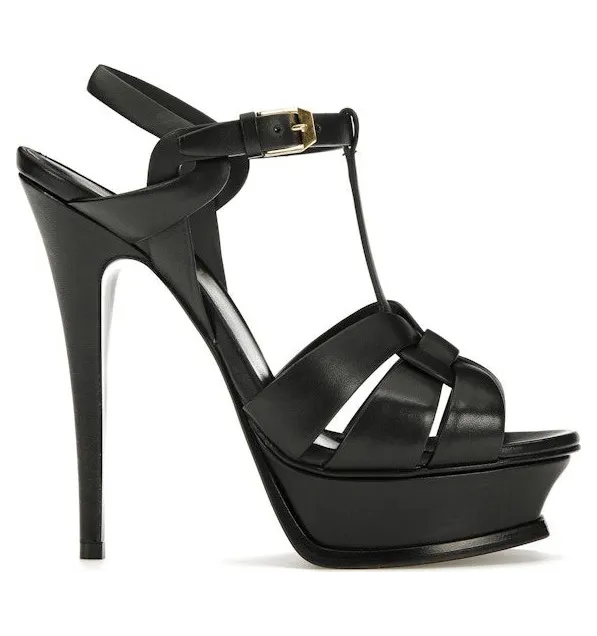 Saint Laurent Tribute Platform Sandal Heels Black Leather (315487BDA001000)