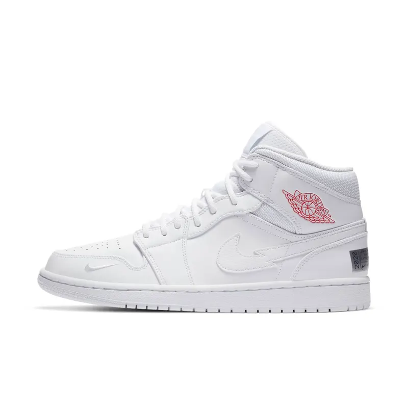 Jordan 1 Mid SE Nike Swoosh On Tour (2020) White/White-Gym Red-White (CW7589-100)