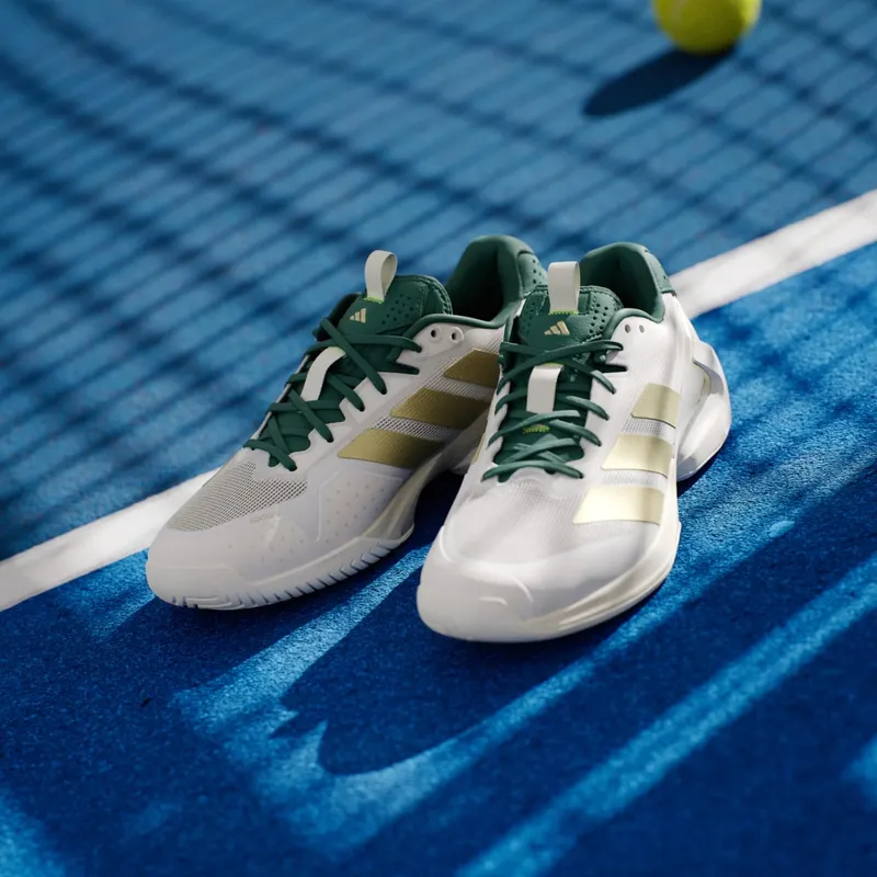 Adidas Adizero Ubersonic 5 Tennis Shoes Core White / Gold Metallic / Collegiate Green (IH3087)