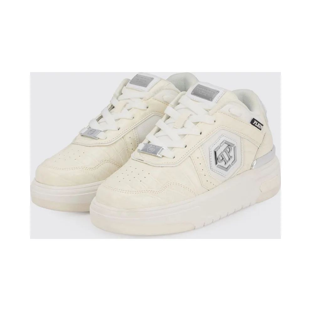 Philipp plein SK8R Low-Top Sneakers in Leather and Mesh with Croc Print and Hexagon Logo White (PAFSUSC0962PTE003N01)
