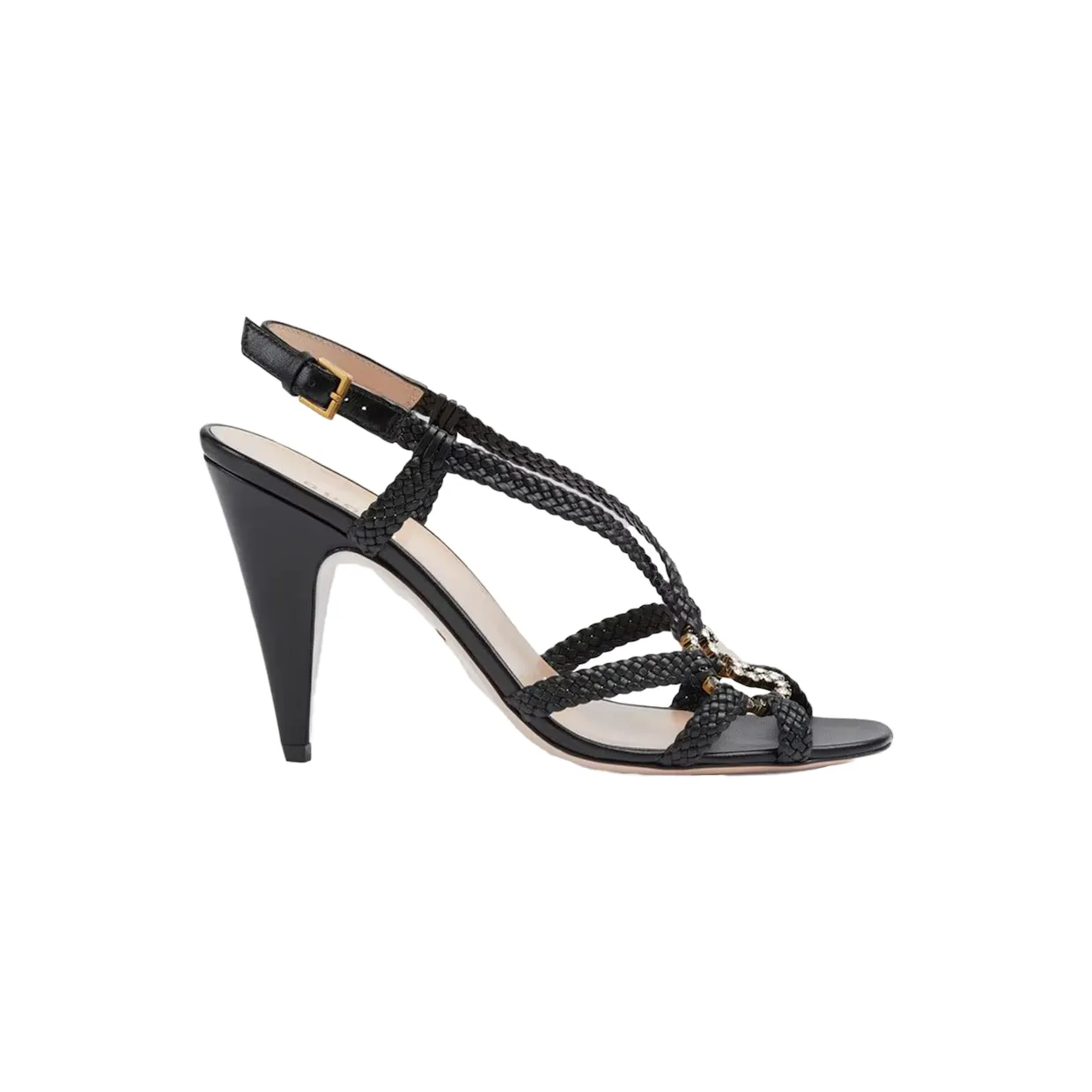 Gucci Crystal Interlocking G Heeled Sandals Black Braided Leather (739098 BKO00 1000)