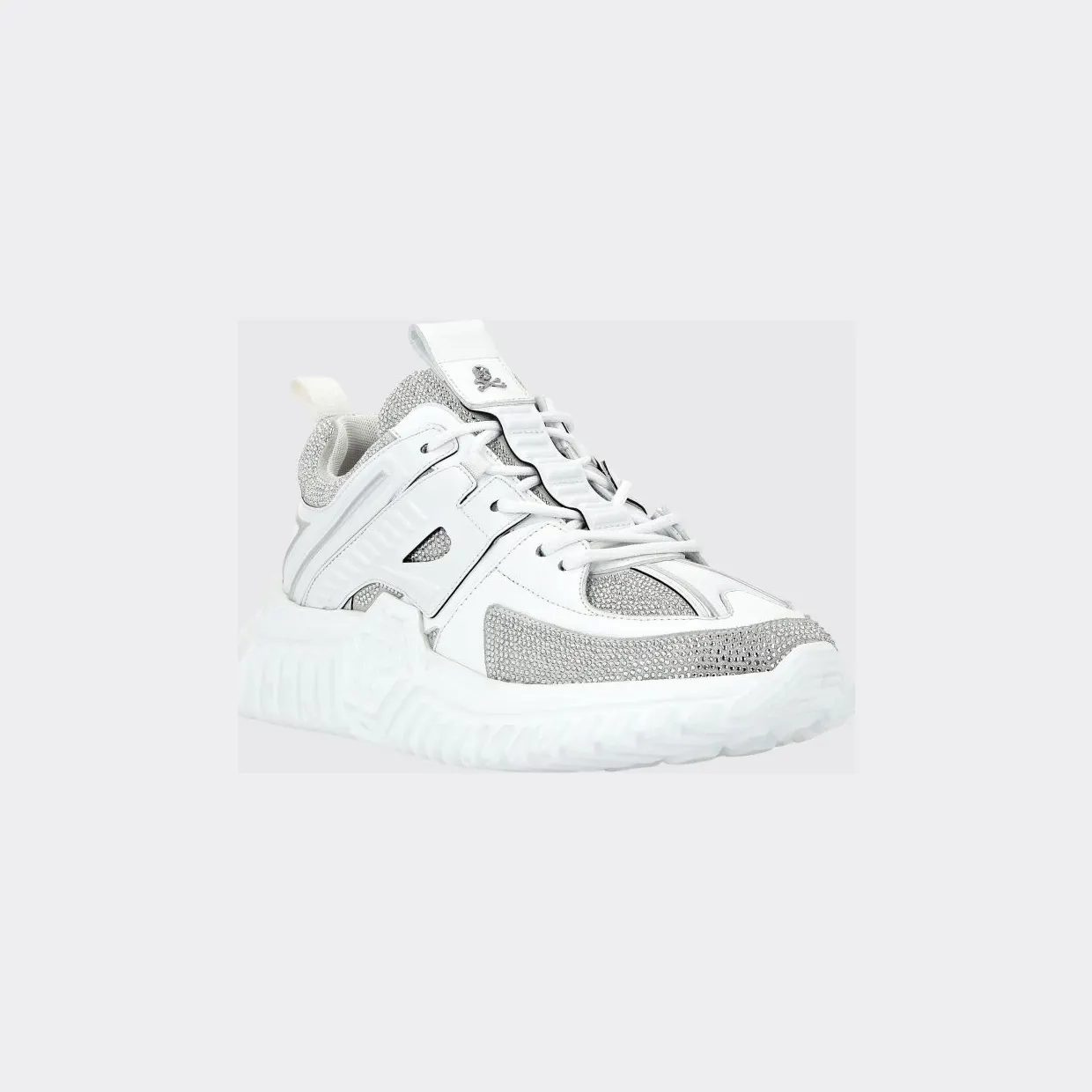 Philipp plein Leather Low-Top Sneakers with Rhinestones and Hexagon Logo White (PACSUSC0463PLE075N01)