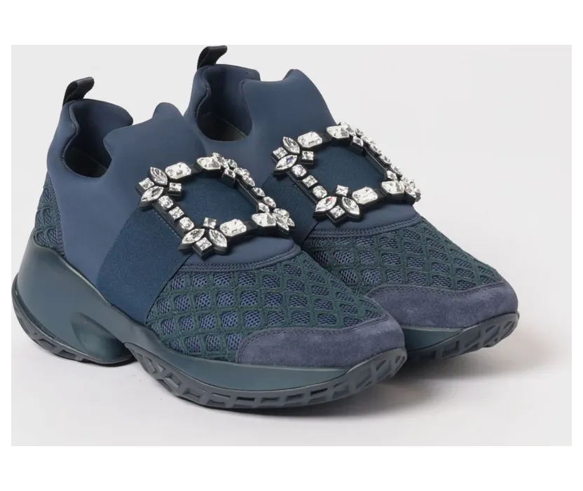 Roger Vivier Viv’ Run Stretch Viscose Sneakers with Jewel Buckle Blue (RVW50624180T5V1V89)