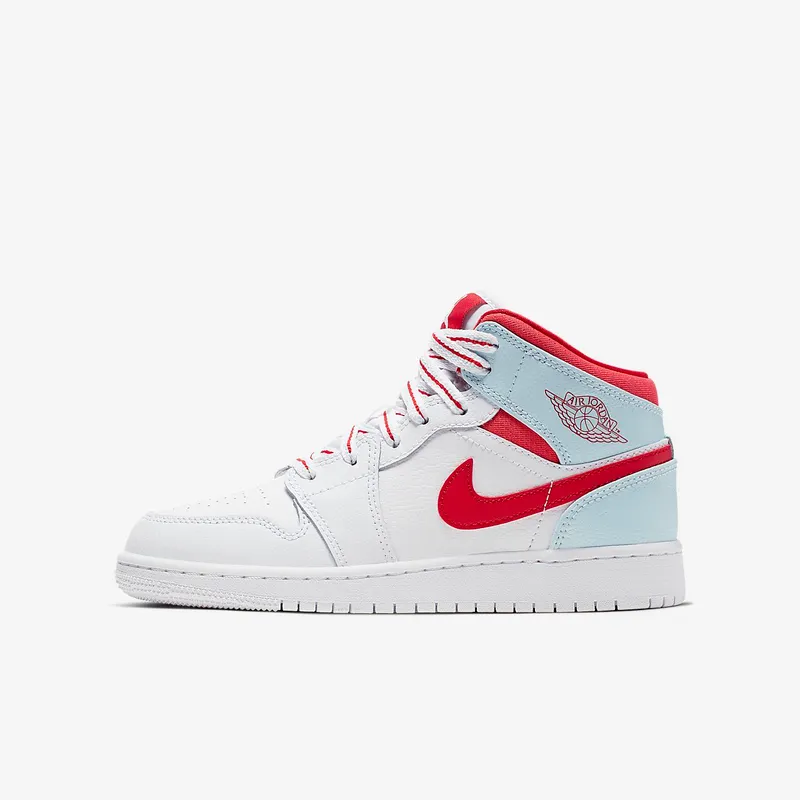 Jordan 1 Mid White Topaz Mist (GS) White/University Red-Topaz Mist-Ember Glow (555112-104)