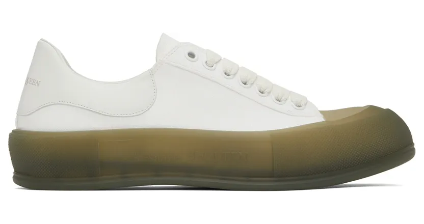 Alexander McQueen White & Khaki Deck Plimsoll Low Sneakers (667819W4MVW)