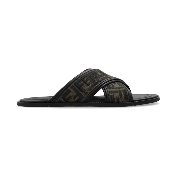 Fendi FF Motif Fabric Slide Embroidered Logo Tobacco (7X1548 AJZE F0R7R)