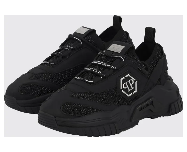 Philipp plein Low-Top Leather and Stretch Viscose Sneakers with Monogram and Rhinestones Black (PAFSUSC0926PTE003N0202)