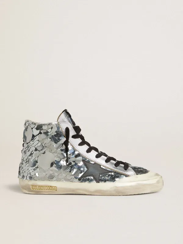 Golden Goose Women’S Francy In Nylon With All-Over Silver Sequins And Black Leather Star (GWF00910.F007282.70154)