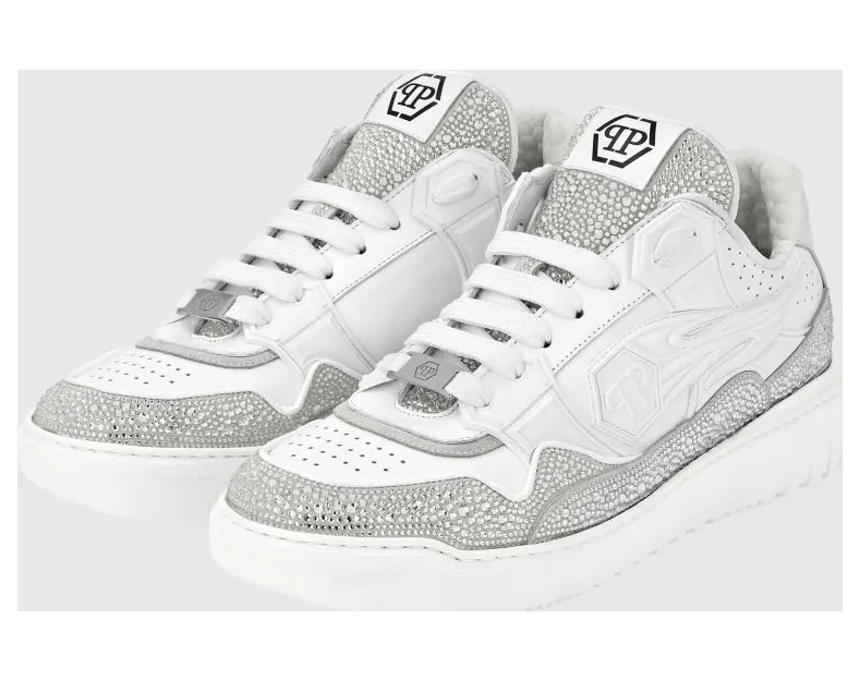 Philipp plein Leather and Rubber Rhinestone Sneakers White (SAESMSC4015PLE010N01)
