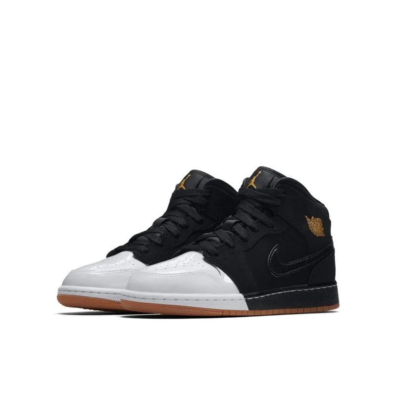 Jordan 1 Mid Black White Gold (GS) Black/Metallic Gold-White (555112-021)