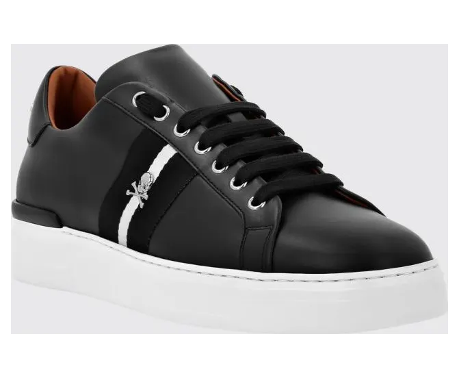 Philipp plein Skull Low-Top Leather Sneakers with Stripe Print Black (UACSUSC0506PLE010N02)