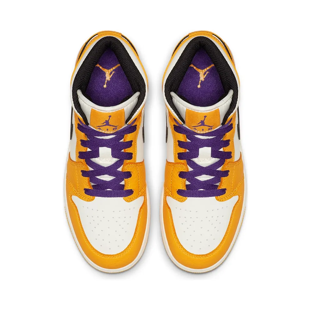 Jordan 1 Mid SE Lakers (GS) University Gold/Black-Pale Ivory-Court Purple-Sail (BQ6931-700)
