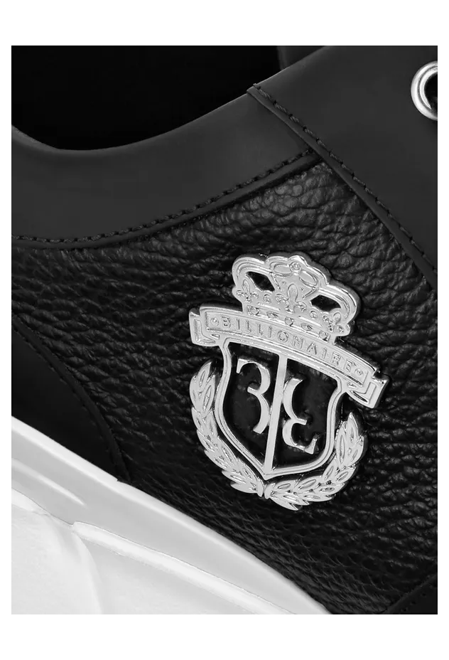 Billionaire Crest Runner Sneakers in Smooth and Grained Leather with Metallic Logo White 1 (RAESMSC2890BLE001N0201) (3)