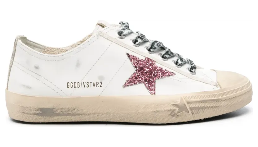 Golden Goose V-Star Sneakers mit pinken Glitzer-Sternen und Metallic-Fersenlasche – Weiß (GWF00129F004576)