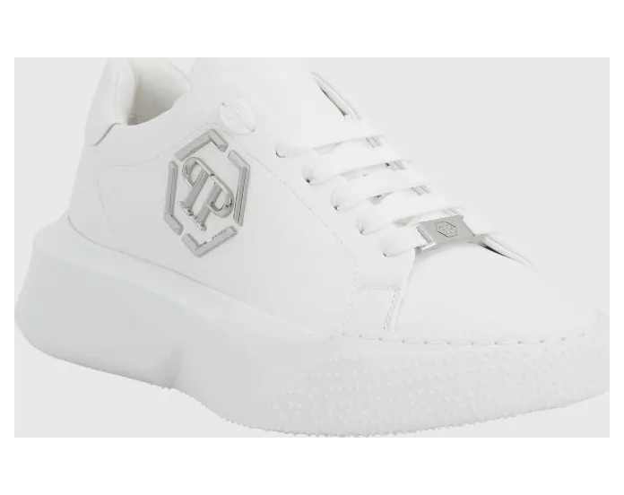 Philipp plein Low-Top Leather Sneakers with Hexagon Logo and Platform Sole White (UAFSUSC1081PLE010N01)