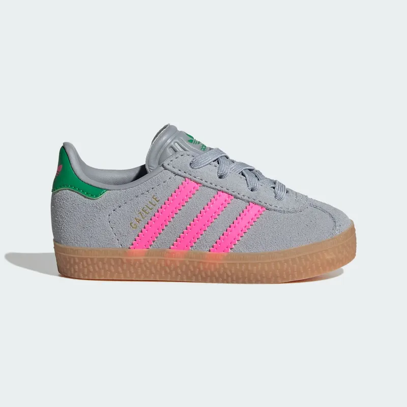Adidas Gazelle Comfort Closure Elastic Laces Shoes Kids Halo Silver / Lucid Pink / Green | IH6477