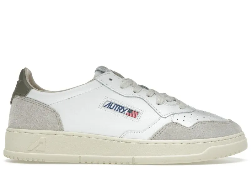 Autry Medalist Leather Low White Covert Green Beige | AULM-LS77
