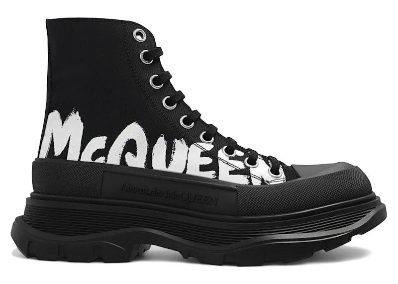Alexander McQueen Tread Slick High Top Sneakers McQueen Graffiti Logo Black White | 708752 W4RQ2 1006