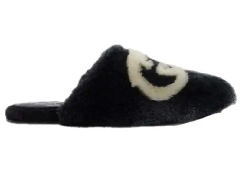 Gucci Interlocking G Faux-Fur Slippers Black White | 719847 AAAUL 1020