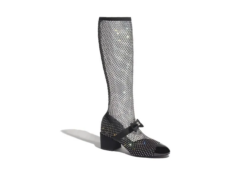 Chanel Resille 55mm Knee High Mary Janes Black Crystal Patent Calfskin “Black / Silver” | G40101 Y56614 K5929