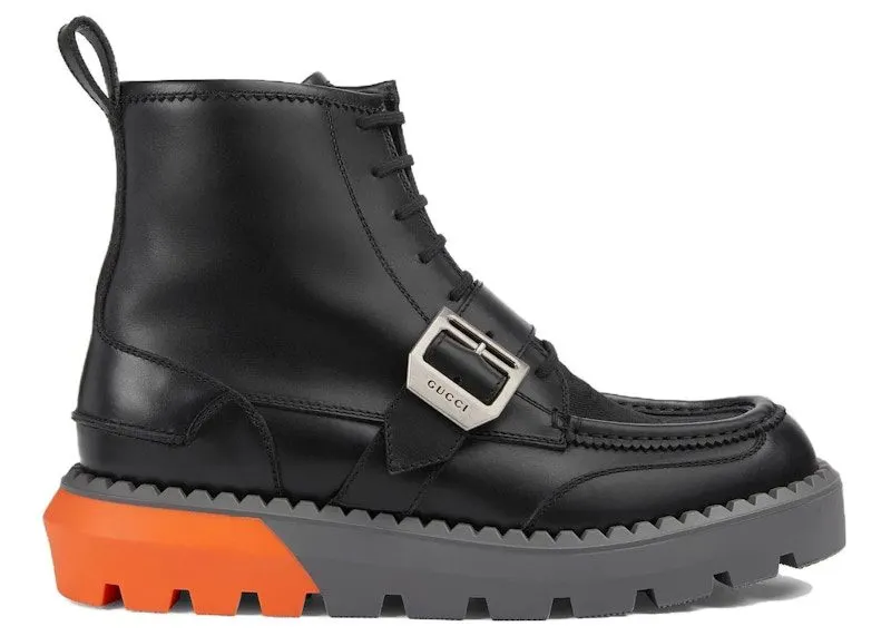 Gucci Lace Up Boot Buckle Black Orange | 739867 AABZ0 1000