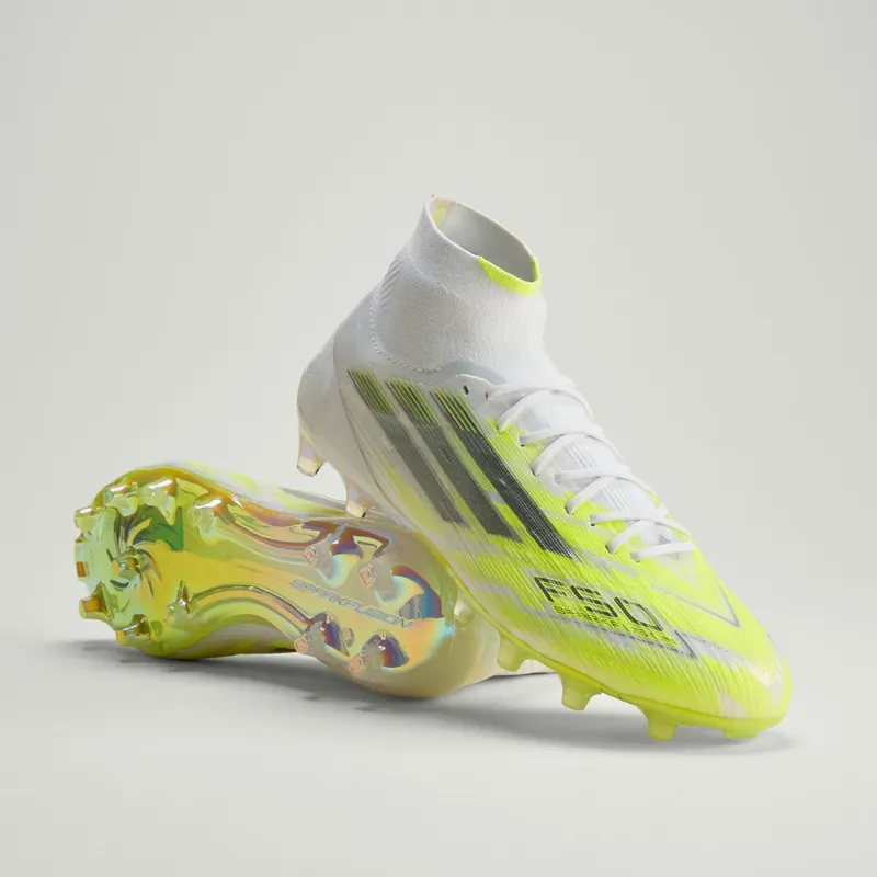 Adidas F50 Sparkfusion Elite Mid Cut FG/AG “Born for Goals Pack” “Cloud White / Iron Metallic / Hi-Res Yellow” | JR6474