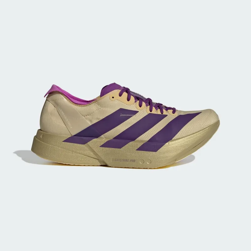 Adidas ADIZERO ADIOS PRO 4 SCHOENEN Sand / Rich Purple / Gold Metallic “Sand/Purple/Gold Metallic” | JR7410