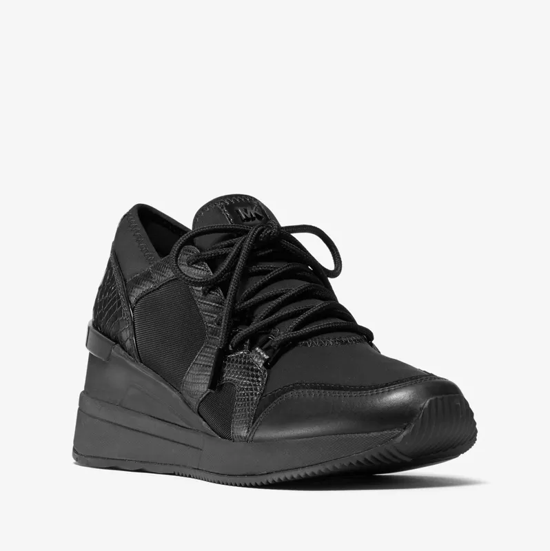 Michael Kors MK Liv Scuba and Lizard Embossed Leather Trainer – Black (43F0LVFS1D-0001)