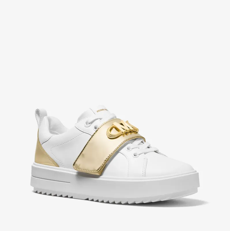 Michael Kors MK Emmett Two-Tone Logo Embellished Leather Sneaker – Optic White (43F2EMFS3L-1999)
