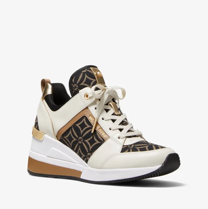 Michael Kors MK Georgie Logo Jacquard and Leather Trainer – Husk Multi (43F2GEFS2Y-8179)
