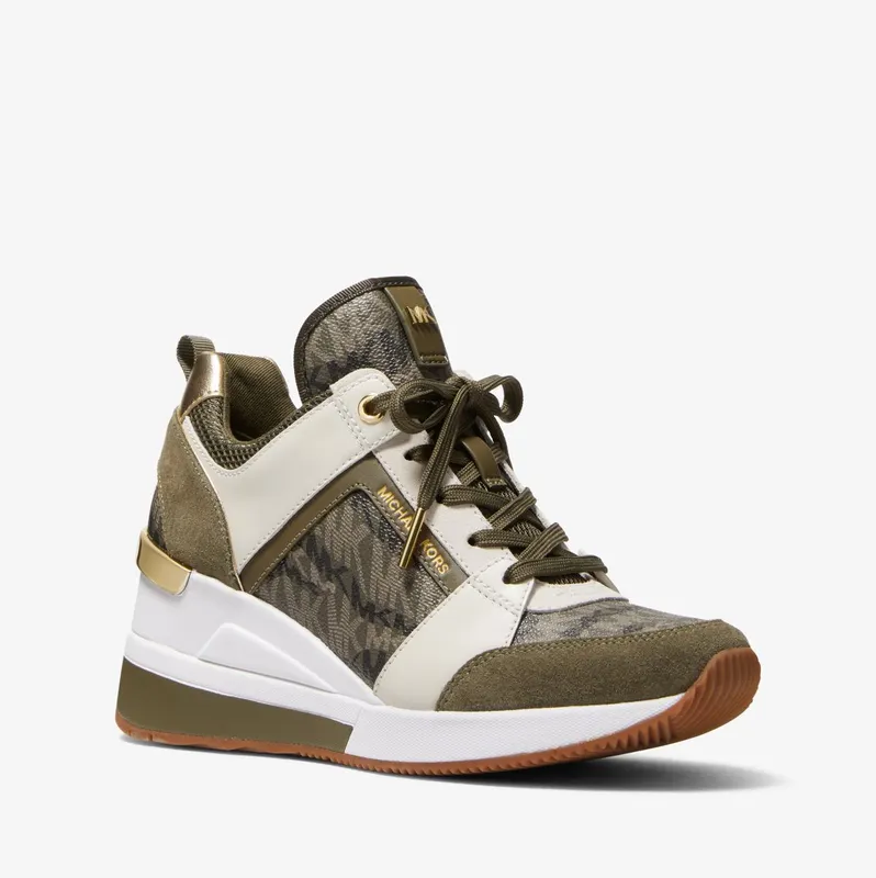 Michael Kors MK Georgie Animal Print Logo and Leather Trainer – Olive (43F2GEFS3B-0310)