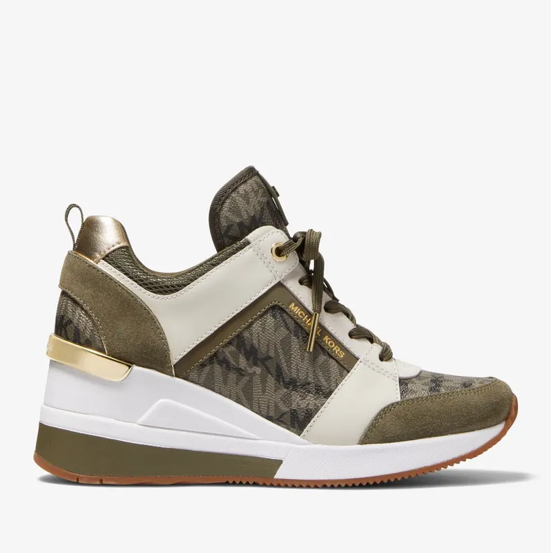 Michael Kors MK Georgie Animal Print Logo and Leather Trainer – Olive (43F2GEFS3B-0310)
