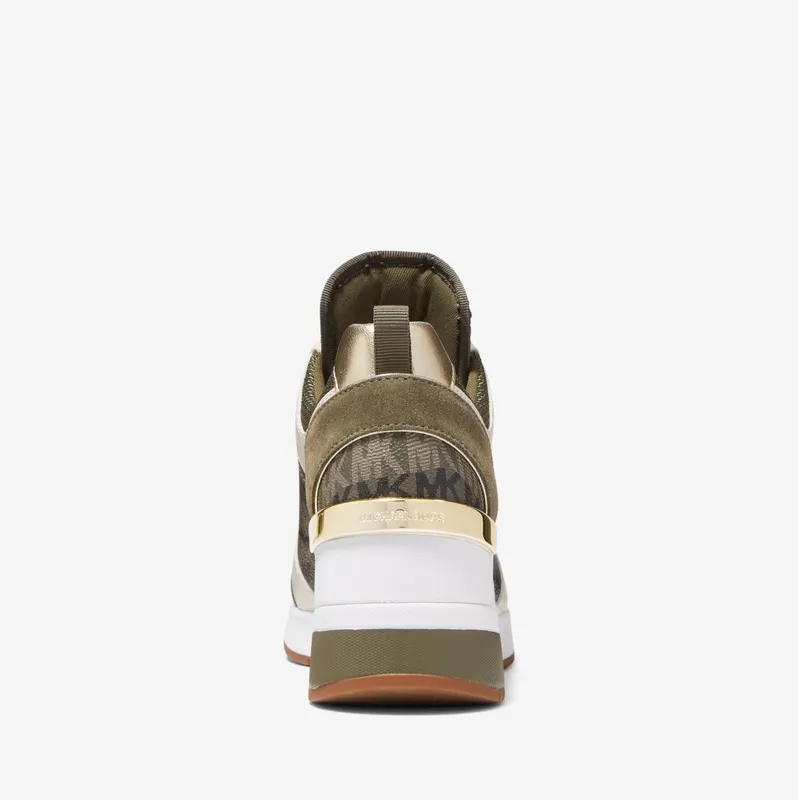 Michael Kors MK Georgie Animal Print Logo and Leather Trainer – Olive (43F2GEFS3B-0310)