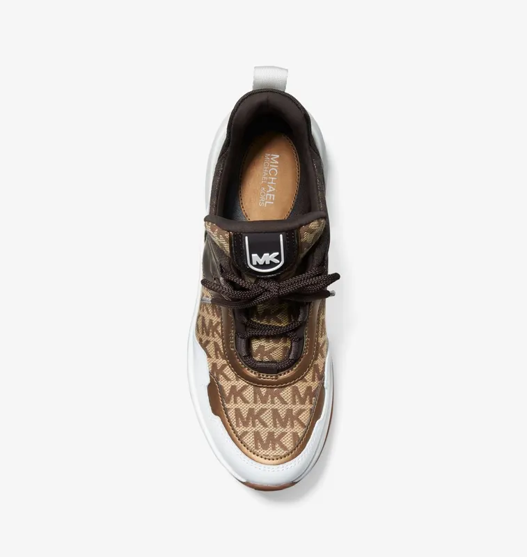 Michael Kors MK Olympia Logo Jacquard and Metallic Leather Trainer – Beige/ebony/brown (43S1OLFS3Y-1237)