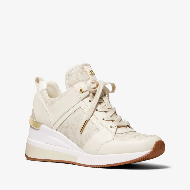 Michael Kors MK Georgie Leather and Logo Jacquard Trainer – Natural (43T2GEFS1Y-0121)