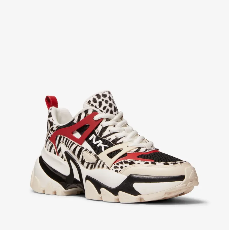 Michael Kors MK Nick Animal Print Calf Hair and Mesh Trainer – Black/crimson (43T2NIFS1H-1377)