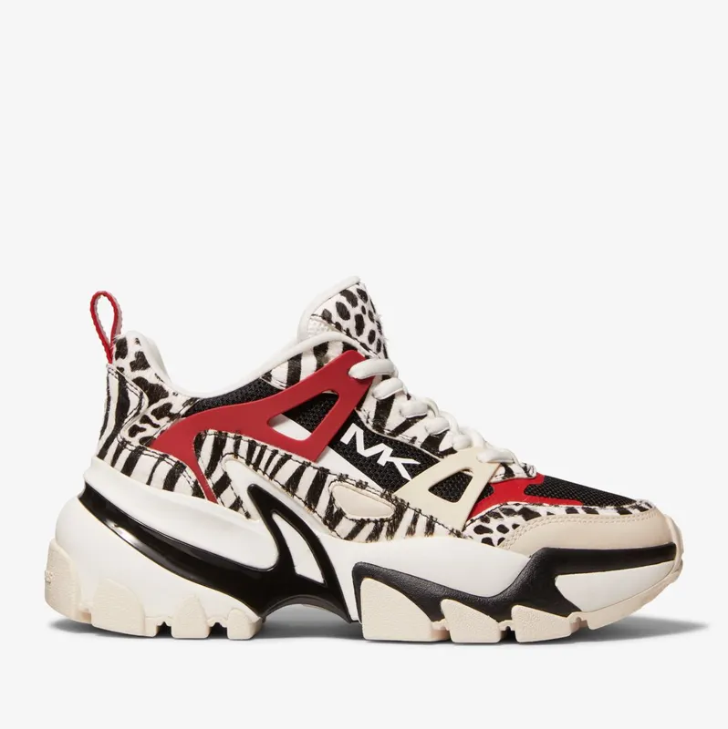 Michael Kors MK Nick Animal Print Calf Hair and Mesh Trainer – Black/crimson (43T2NIFS1H-1377)